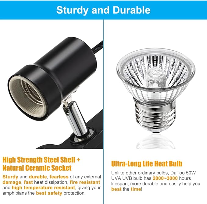 DaToo Reptile Heat Lamp Rotatable Turtle Heating Light with 50W UVA UVB Heat Bulb Simulated Sunlight Basking Spot Lamp with Clamp for Reptiles Lizard Amphibian Bearded Dragon Snake (With Timer&Dimmer)