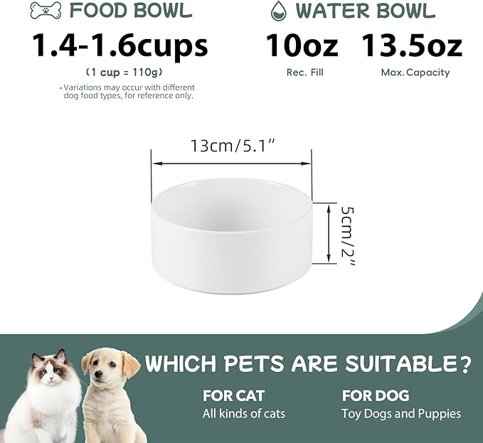 Havniva 5.1” Dog Bowl Ceramic Dog Food and Water Bowl Set of 2, Durable Dog Water Bowl with Non-Slip Rubber Base Large Capacity Feeding Dishes for Small Dogs