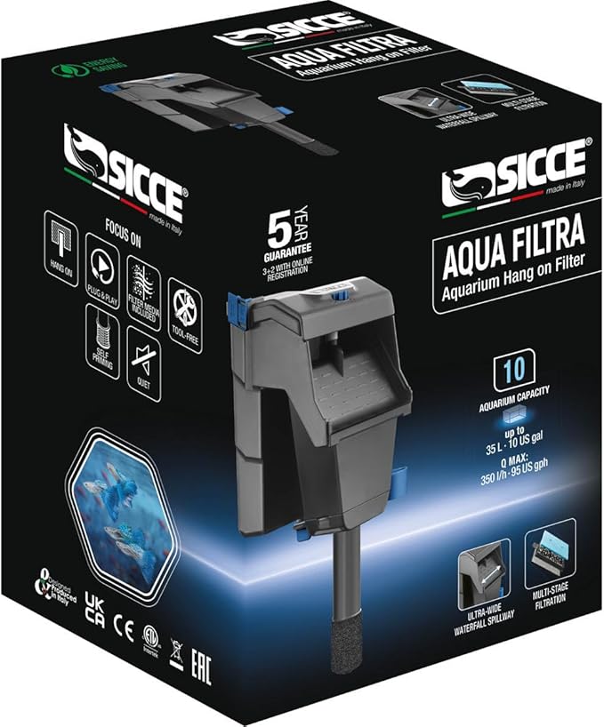 Sicce Aqua Filtra 10 Hang On Back Aquarium Fish Tank Power Filter Up to 10 Gallon Aquariums - Quiet 3-Stage HOB for Freshwater & Saltwater