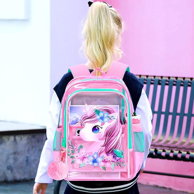 KLFVB 3PCS Clear Backpack for Girls and Boys, Kids See Through Backpacks Stadium Approved, Transparent Bookbag for Elementary