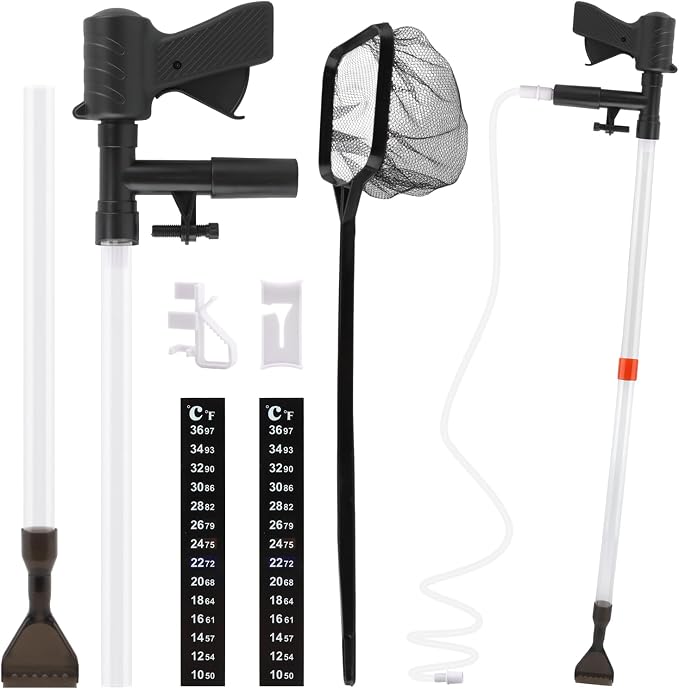 Aquarium Gravel Cleaner, Fish Tank Cleaner Kit, Aquarium Manual Press Noiseless Water Changer, Including Net,Thermometers & Cleaning Accessories for Fish Tank Maintenance