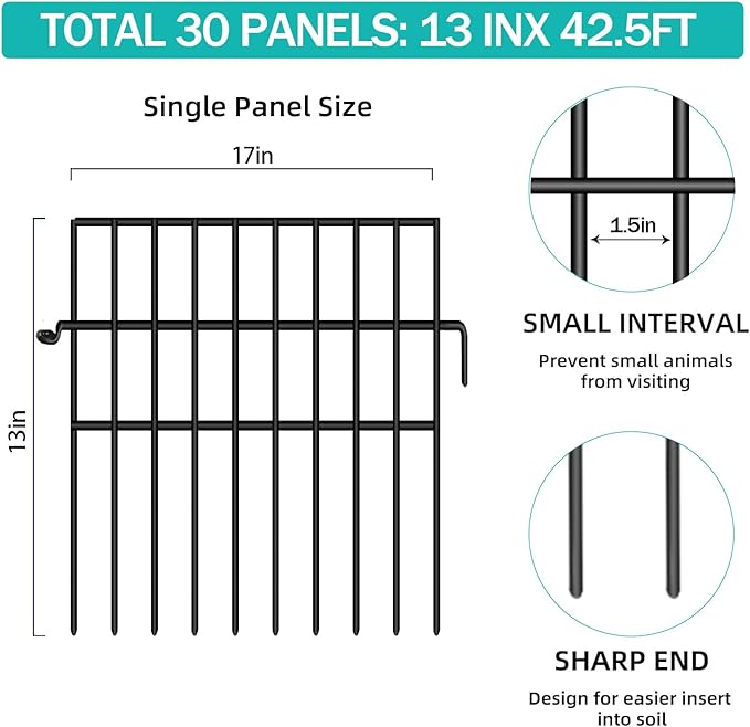 30 Panels Animal Barrier Fence, No Dig Fences, 13in(H) X 42.5ft(L) Garden Fence Animal Barrier for Rabbit and Dog Under Fencing Barrier, Rustproof Metal Fences Border for Outdoor, Yard, Patio
