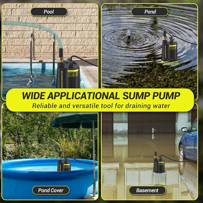 1/2HP Automatic Submersible Water Pump,110V Sump Pump Submersible with 2650 GPH Water Removal, 3/4” Garden Hose Check Valve Adapter for Swimming Pool Cover Hot Tubs Flooded House Basement