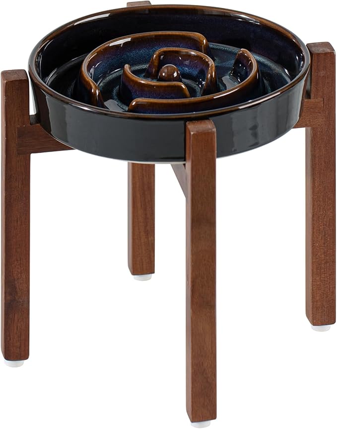 Havniva Elevated Slow Feeder Dog Bowls, 1.6 Cups Raised Ceramic Dog Food Bowls with Acacia Wood Stand, 8.2 inch Slow Feeder for Medium Dogs Puzzle Bowls for Fast Eater Anti-Choking