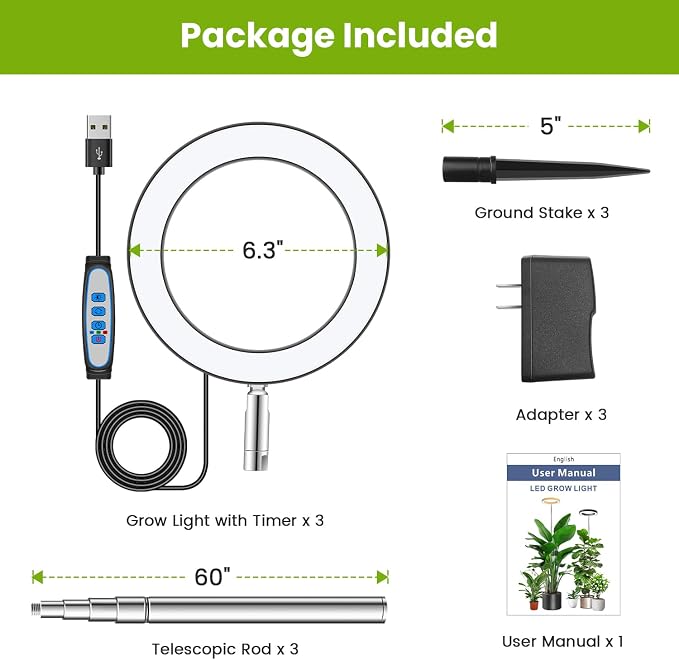 Kullsinss 6.3in Grow Light, Full Spectrum Plant Lights for Indoor Growing | Black Plant Lamp with 6/12/16H Auto Timer, 5 Brightness Levels, 10-60in Height Adjustable, for Indoor Tall Plants (3-Pack)