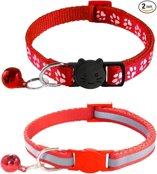 2 Pack Breakaway Cat Collars with Bells, Reflective Design and Claw Print Design, Safety Buckle Kitten Collars Adjustable from 7.5 to 12.5 Inches (Red)