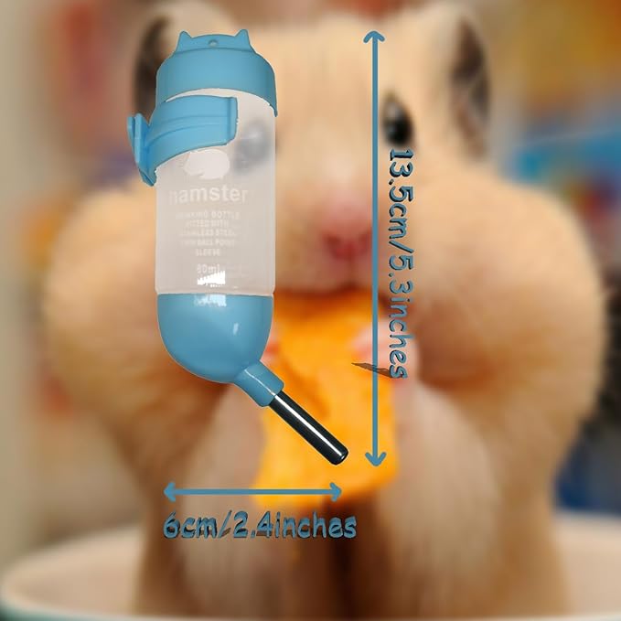 Guinea Pig Water Bottle No Drip, Plastic Hamster Water Bottle with Suspension Clamp, Hamster Cage Accessories Hanging (Blue, 80ml)