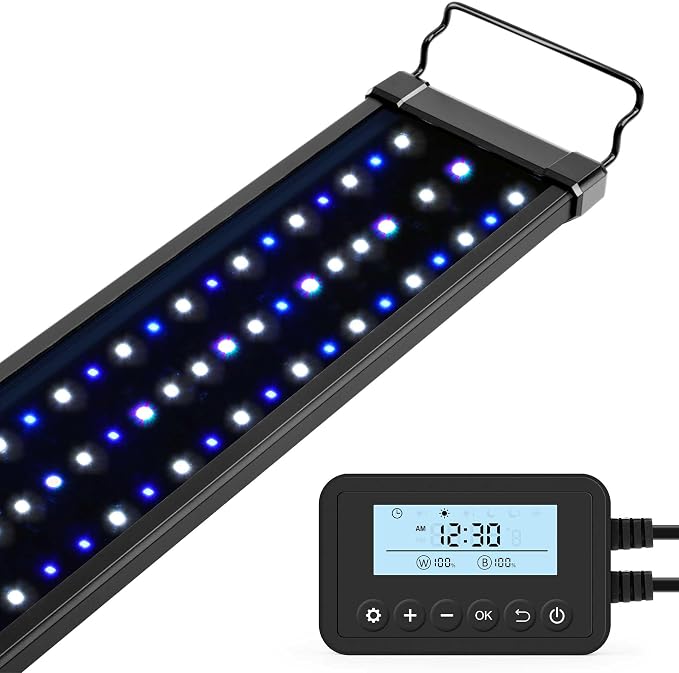 NICREW 20W Saltwater Aquarium Light, Marine LED Reef Light for Corals, Programmable Timer Controller, 18 to 24-Inch | Balanced Blue and Full Spectrum for Soft/LPS Corals, Day + Night Cycle with Sunrise/Sunset Simulation, Extendable Brackets