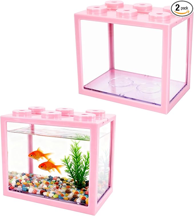 2 PCS Small Betta Fish Tank, 0.6 Gallon Mini Aquarium Tank, Pink Cube Fish Bowl, Desktop Stackable Tank for Small Fish, Insect, Shrimp, Turtle, Spider