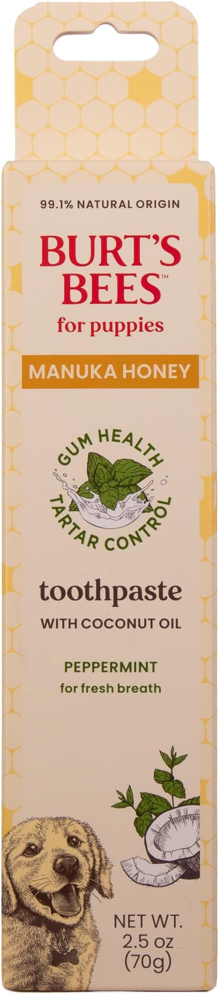 Burt's Bees for Pets Peppermint Toothpaste for Puppies with Manuka Honey and Coconut Oil for Gum Health & Tartar Control, 99.1% Natural Origin Formula, Fluoride-Free, Peppermint Flavor, 2.5 Oz