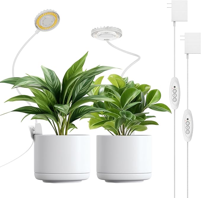 2 Pack Clip-On Grow Lights for Indoor Plants, 12W Each, White | 4000K Full Spectrum, Flexible Gooseneck, 3/6/12H Timer, 4 Dimmable Levels