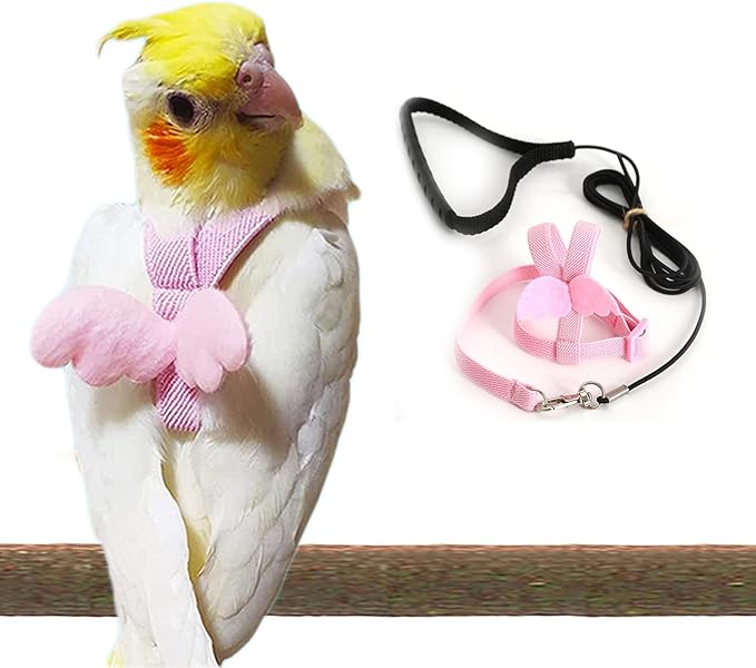 Parrot Harness Adjustable Bird Harness Flying Rope Strap Outdoor Training Traction Rope for Small Parrots Anti-Bite,Bird Nylon Rope with Cute Wing (Pink)
