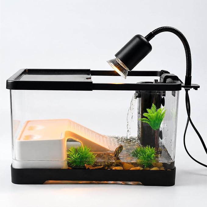 Turtle Tank Starter Kit– Acrylic Aquarium with UVB/UVA Lamp, 3W Quiet Filter, Basking Platform & Lid – Complete Habitat for Baby Turtles, Crabs, Amphibians & Small Reptiles