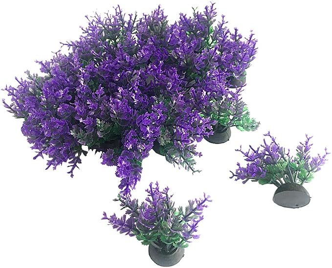 Aquarium Plant Fish Tank Decoration 20 Pieces Small/1" Tall Plastic Artificial Plant Goldfish Hide Mini Grass Set (Purple)