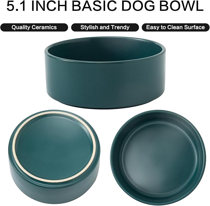 Elevated Ceramic Dog Bowl Set - Raised Dog Bowls with Non Slip Bamboo Stand, Food and Water Bowl Set for Kitty, Cats and Toy Breed Dogs, Pet Bowls, Weighted Dogs Dishes (5.1'', 2*16OZ, Green)