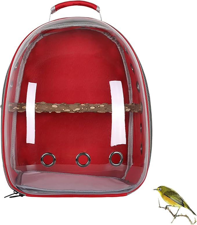 Bird Carrier Backpack with Wood Perch, Transparent Bird Travel Cage, Portable Pet Carrier Backpack, Breathable Hangbag for Vet Transport Camping Hiking (Red)