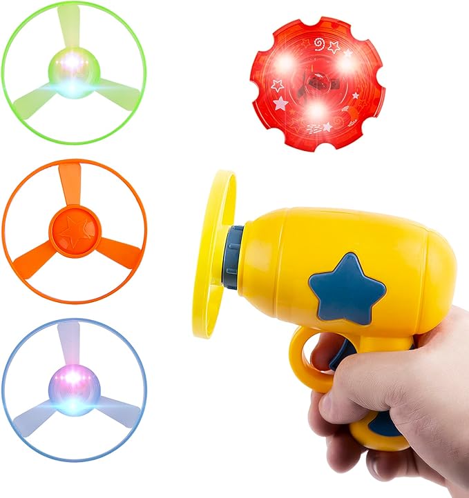 Berry President Flying Saucer Toy, Flying Disc Launch Playset with Rotating Flash Light, Indoor Outdoor Twist Shoot Toy for Kids Aged 3 Years Old & Up (Yellow)