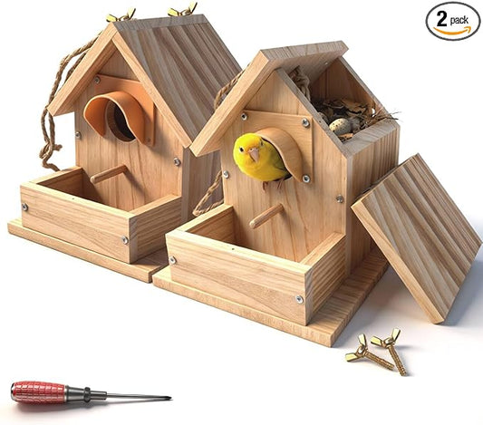 Bluebird Houses for Outside with Pole, Cedar Wooden Bird Houses to Paint for Finch Bluebird Cardinals, Hanging Birdhouses W/Rain Awning Kits for Outdoors (DIY Detachable, 2 Pack)
