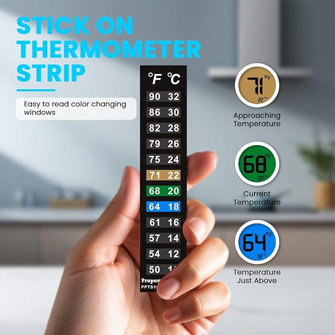 Stick On Thermometer Strip, 50-90F, 10-32C, Vertical, 5-Pack | For Fish Tanks, Aquarium Thermometer, Kombucha, Beer and Wine Fermentation, Vertical Temp Strips, Color-Changing Display
