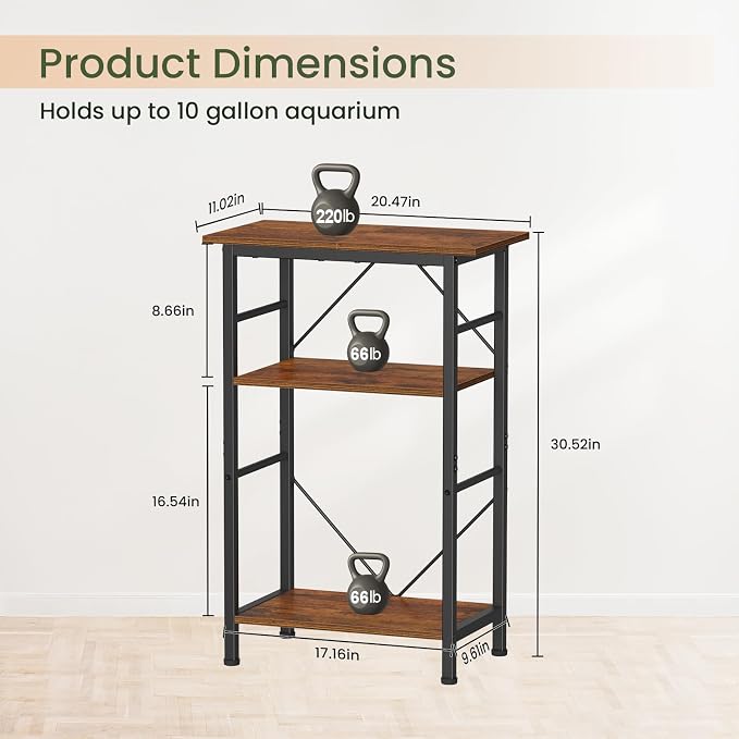 Snughome 5-10 Gallon Aquarium Stand, 3 Tier Fish Tank Stand with Storage, Fish Tank Stand with Metal Frame, Reptile Turtle Tank Stand for Home Office, 20.47" x 11.02" x 30.52", Rustic Brown