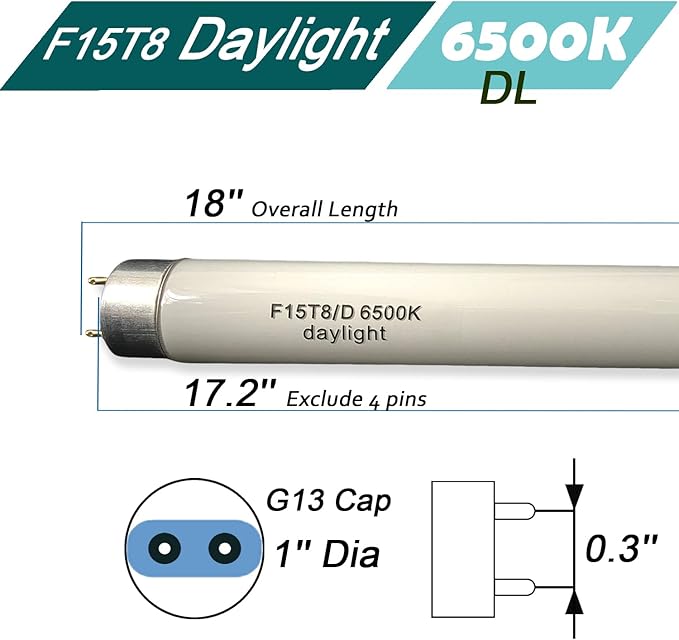 Flyercatch 18inch F15T8-D Daylight 15W Fluorescent Bulb,18'' F15T8/DL 6500K Bright White Lighting, T8 Linear Preheat Lamps, Full Spectrum for Aquarium Fish Tank, Plant Lighting