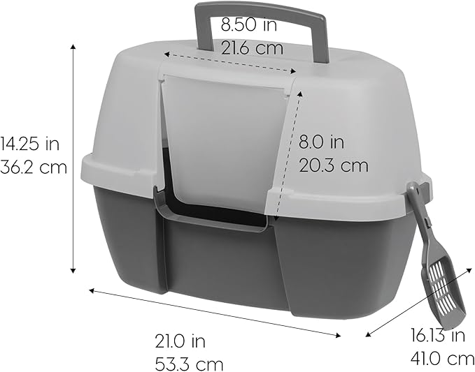IRIS USA Cat Litter Box - Enclosed Corner Litter Box with Scoop, Hooded Litter Tray for Corners, Space-Saving Covered Litter Box, Odor Defensive, Dark Gray