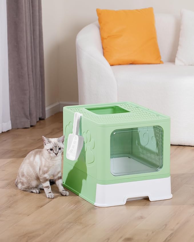 Covered Litter Box, Large Litter Box for Big Cats, Enclosed Cat Litter Boxes with Lid, Top Entry Kitty Litter Box with Scoop, Odor Control, Easy to Clean (Green)