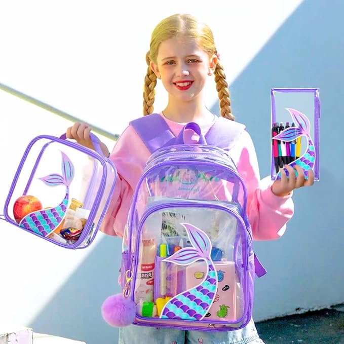 Clear Backpack for Girls and Boys, Kids Transparent Bookbag, 3PCS Cute See Through School Bag for Elementary Prechool