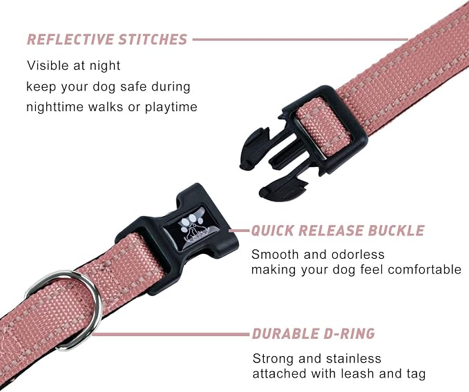 FURRYFECTION Reflective Dog Collar and Leash Set with Quick Release Buckle, Padded with Neoprene Adjustable Nylon Dog Collar for Small Medium and Large Dogs (Medium Collar+5FT Leash, Pink)