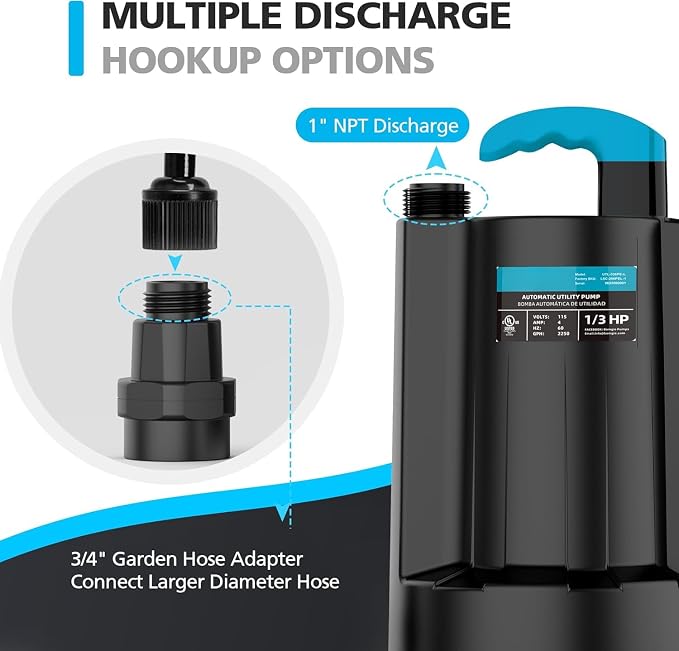 LEO 1/3 HP Automatic Sump Pump, 2250GPH Submersible Utility Pump, 20ft Cord | Water Pump with 3/4” Garden Hose Check Valve Adapter, Water Removal for Pool Draining Basement Hot Tubs Garden
