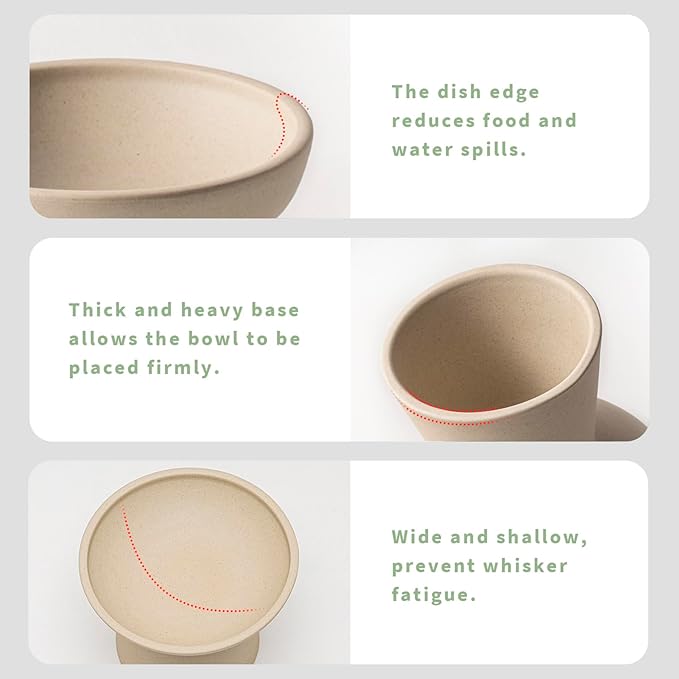 CEEFU Extra Wide Elevated Ceramic Cat Bowl - 6.2" Shallow Dish for Whisker Fatigue Relief, 5" Height for Easy Feeding, Lead & Cadmium Free, Durable Raised Cat Food Bowls, Pottery Clay (Not Glazed)
