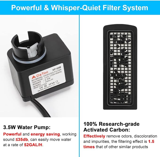 DaToo Aquarium Hang On Filter Small Fish Tank Hanging Filter Power Waterfall Filtration System for 10 to 20 Gallon Aquariums