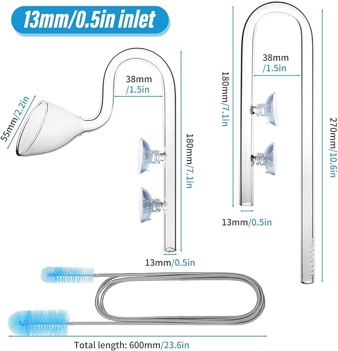 13mm Aquarium Glass Lily Pipe Kit - Inflow & Outflow Set with Cleaning Brush & Suction Cups for 1/2" & 3/4" ID (12/16mm) Tubing (13mm)