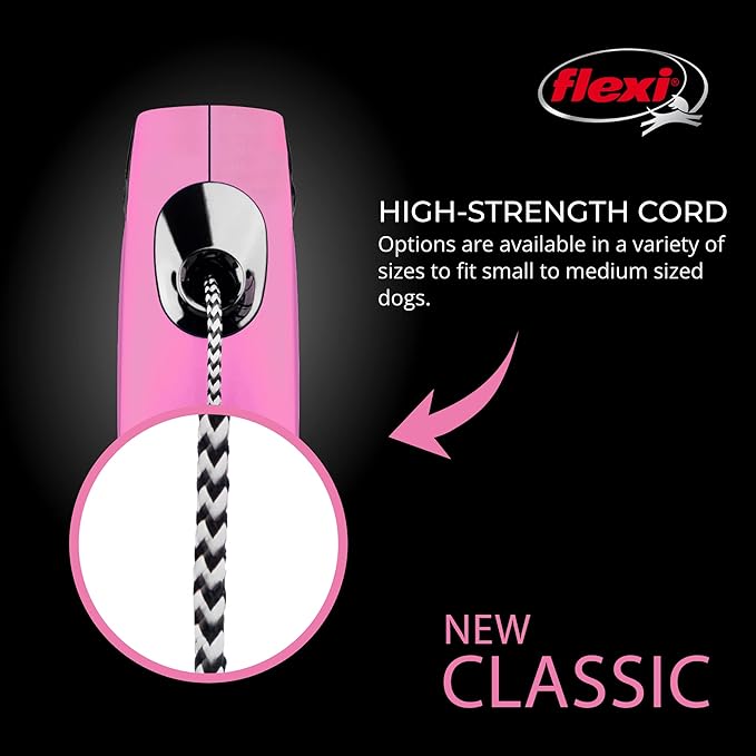 FLEXI New Classic Cord Retractable Dog Leash for Small Dogs up to 26 lbs. – 16 ft., Pink | Tangle-Free Pet Walking Leash with One-Handed Brake, Pause, Lock|German Quality Product