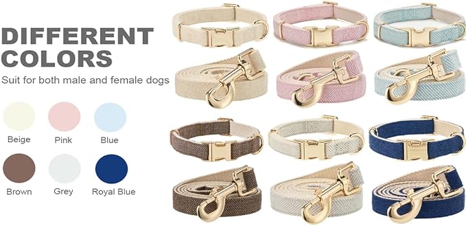 Soft Dog Collar and Leash Set Adjustable Woven Tweed Dog Collars with Metal Buckle and Lead for Small Medium Large Dogs,Coffee
