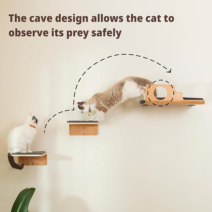 LIORCE Cat Wall Shelves with 2 Steps, Creative Design Cat Shelf with Peephole, 19 x 10 inch Cats Wall Furniture with Comfortable Pad, Cats Perch for Sleeping, Playing, and Scratching.