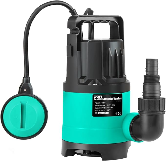 Sump Pump 2000GPH, Prostormer 1/2 HP Submersible Water Pump with Automatic Float Switch, Portable Utility Pump for Pool, Garden, Pond, Basement, Flood Drainage