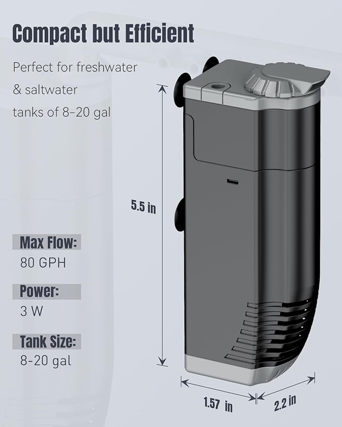 Pawfly Aquarium Filter, 3 W Small Fish Tank Filter, Internal Submersible Aquarium Filter with Foam & Adjustable Water Pump, Quiet Filter for 8-20 Gallon Fish Tanks