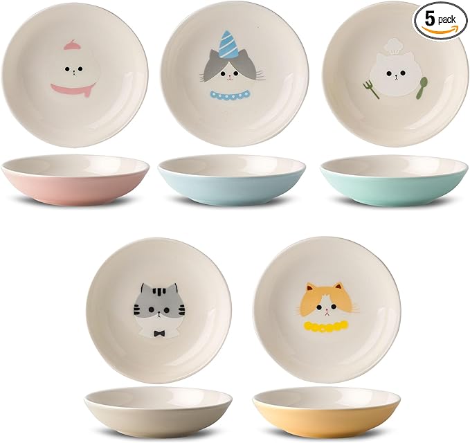 Ceramic Cat Bowls Set - 5.7 inch Wide Cat Food Bowls Whisker Fatigue Friendly, 5 Colorful Kitten Dish Plates with Cute Pattern for Wet and Dry Food Water