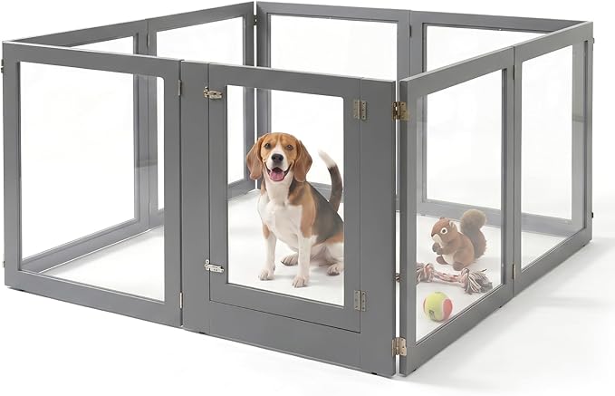 Heavy Duty Clear Acrylic Dog Playpen for Small/Medium Pets – 32" High Clear Pet Pen with Sturdy Metal Frame, Walk-in Kennel, Expandable Indoor & Outdoor Pet Play Yard (Grey, 8 Panels Including Door)