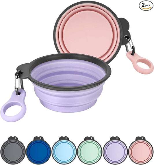 Aonkey Collapsible Dog Bowls with Bottle Carrier, 2 Pack Travel Dog Water Bowl Upgraded Carabiner, One-piece Molded Rim No Fall Off or Crack, Foldable Silicone Portable for Pets Walking Hiking 37oz
