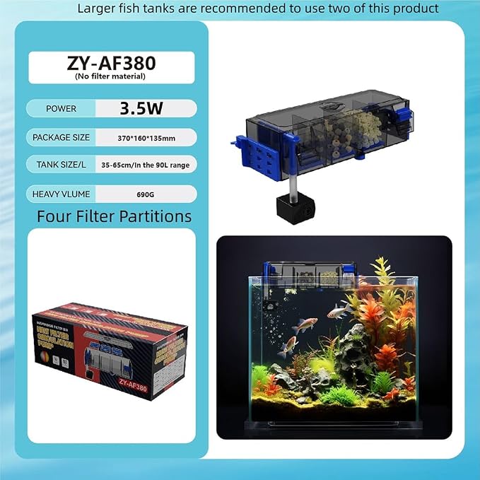 Hang On Aquarium Filter, Multi-Layer Aquarium Filter for 23.8 Gallon Fish Tanks, Low-Noise Operation Fish Tank Filter, Fish Tank Hang on Back Filter for Freshwater Saltwater Tank 110V ZY-A F-380