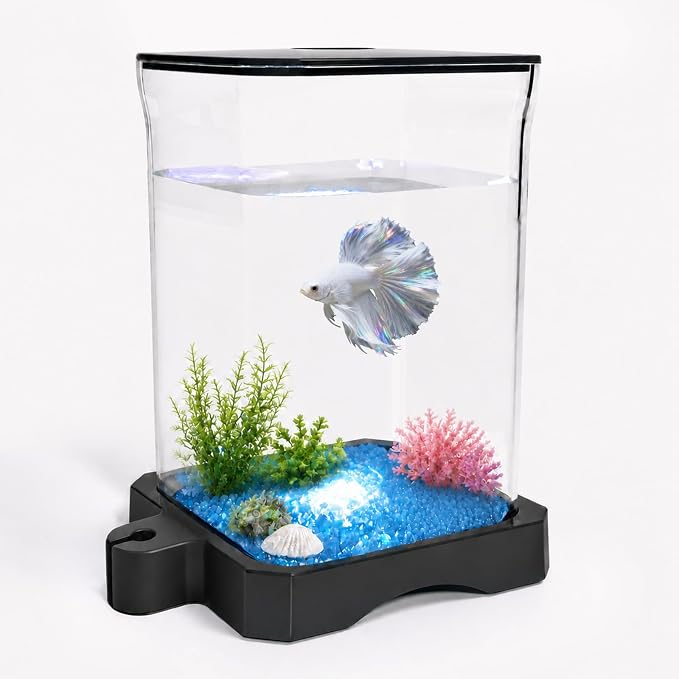 0.5 Gallon Betta Fish Tank Aquarium Starter Kit with Light and Lid(Black) | Premium Acrylic Aquarium with Light and Lid, Crystal Clear Starter Kit for Betta Fish, Shrimp, Snails and Small Fish