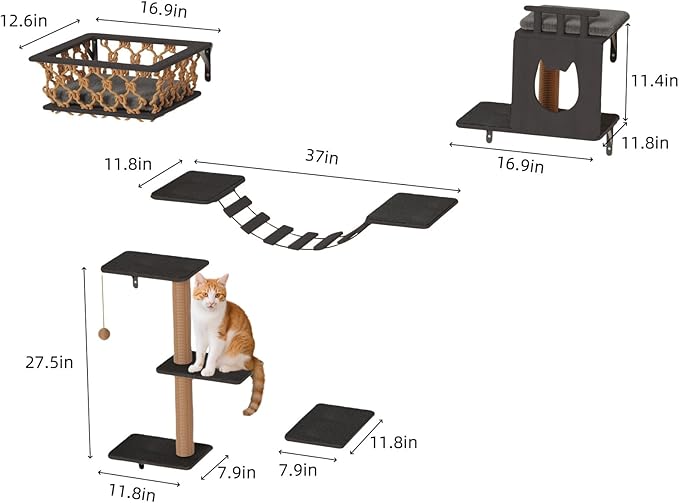 5-in-1 Cat Wall Shelves Set with Hammock, Wall-Mounted Cat Furniture Includes Condo, Bridge, Ladder & Steps for Indoor Cats, Safe & Stable (Dark Gray)