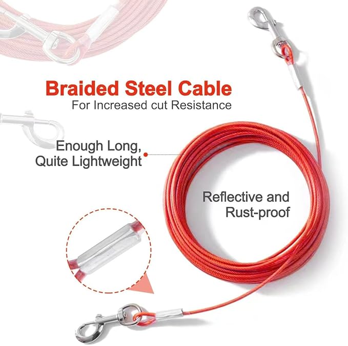 Tie Out Cable for Dogs,10/20/30/50/100FT Dog Leads for Yard Chew Proof,Heavy Duty Tie Out Cable for Large Dogs Up to 125lbs,Dog Runner Tether (Red, 125Ibs 50ft)