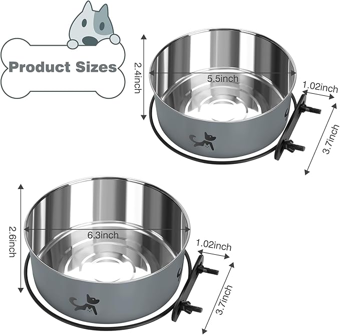 Dog Crate Bowls Hanging No Spill, Set of 2 Dog Crate Water Bowl, Kennel Bowls Mountable, Stainless Steel Pet Cage Accessories Feeder Water Food Dish Coop Cup for Cat Puppy Bunny Guinea Pig Ferret