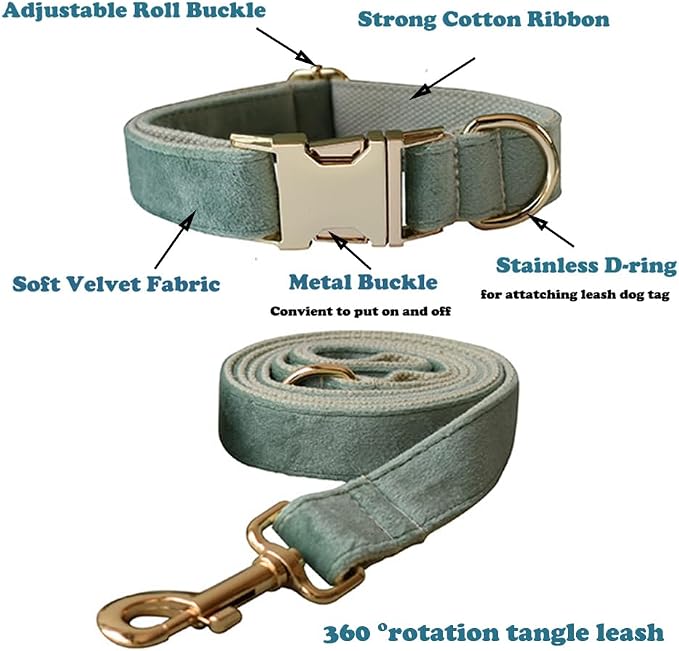 Love Dream Velvet Dog Collar and Leash Set, Soft & Comfy Adjustable Dog Leash and Collar with Heavy Duty Metal Buckle for Small Medium Large Dogs Training & Walking (XLarge, Mint Green)