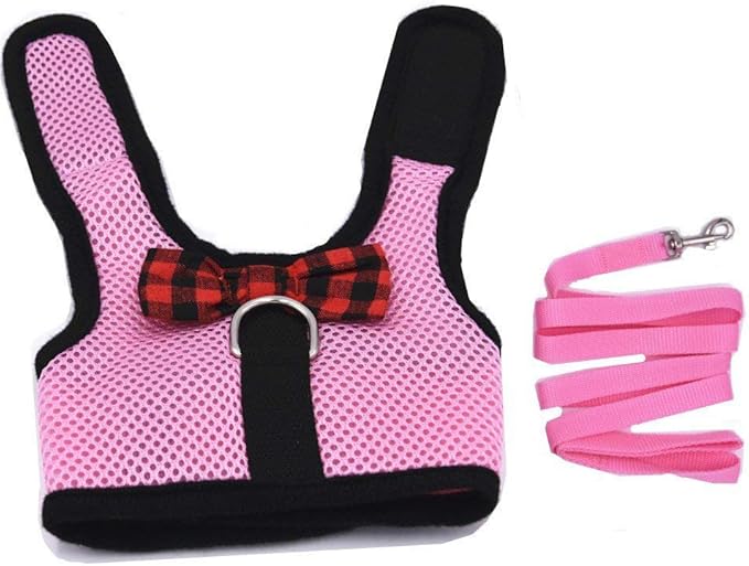 Rabbit Harness with Leash Adjustable Soft Mesh Vest Harness for Bunny Kitten Guinea Pig Rat (L, Pink)