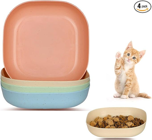 Cat Food Bowl Set, 6 inch Wide Shallow Cat Bowl for Relief Whisker Fatigue,Small Flat Cats Dish, Shallow Pet Feeding Dish or Plate for Kittens and Small Dogs (4Pcs)