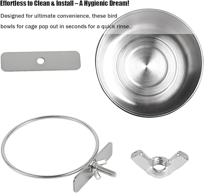 Parrot Feeding Cups Stainless Steel Bird Cage Feeder & Water Bowl - Chew-Proof Food Bowls with Clamp Holder for Parrot, Cockatiel, Conure, Budgie, Macaw, and Small Animals (L-1Pc)